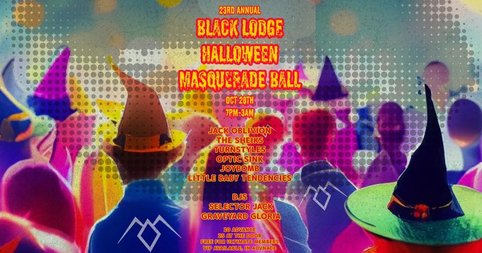 Flyer for Black Lodge Halloween Masquerade Ball. Featuring live sets by Jack Oblivion, The Sheiks, Turnstyles, Optic Sink, Joy Bomb, Little Baby Tendencies, plus DJ sets by DJ Graveyard Gloria and Selecter Jack. 7 PM till 3 AM. At Black Lodge Video, 405 North Cleveland Avenue, Memphis, Tennessee.