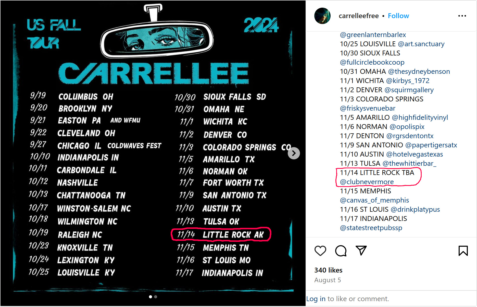 This is a list of Carrellee&rsquo;s US tour dates for Fall 2024. Thursday, November 14, 2024 is circled in red. This show will be at Vino&rsquo;s, 923 West 7th Street in Little Rock.