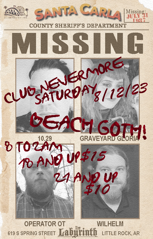 Flyer for Club Nevermore&rsquo;s Beach Goth Event. Saturday, August 12, 2023 at The Labyrinth, 619 South Spring Street in downtown Little Rock, Arkansas.