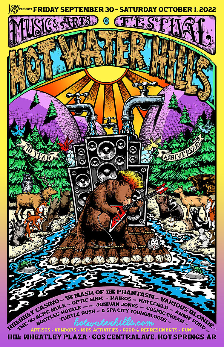 Poster for the Hot Water Hills Music and Arts Festival in Hot Springs, Arkansas, on September 30 and October 1, 2022.