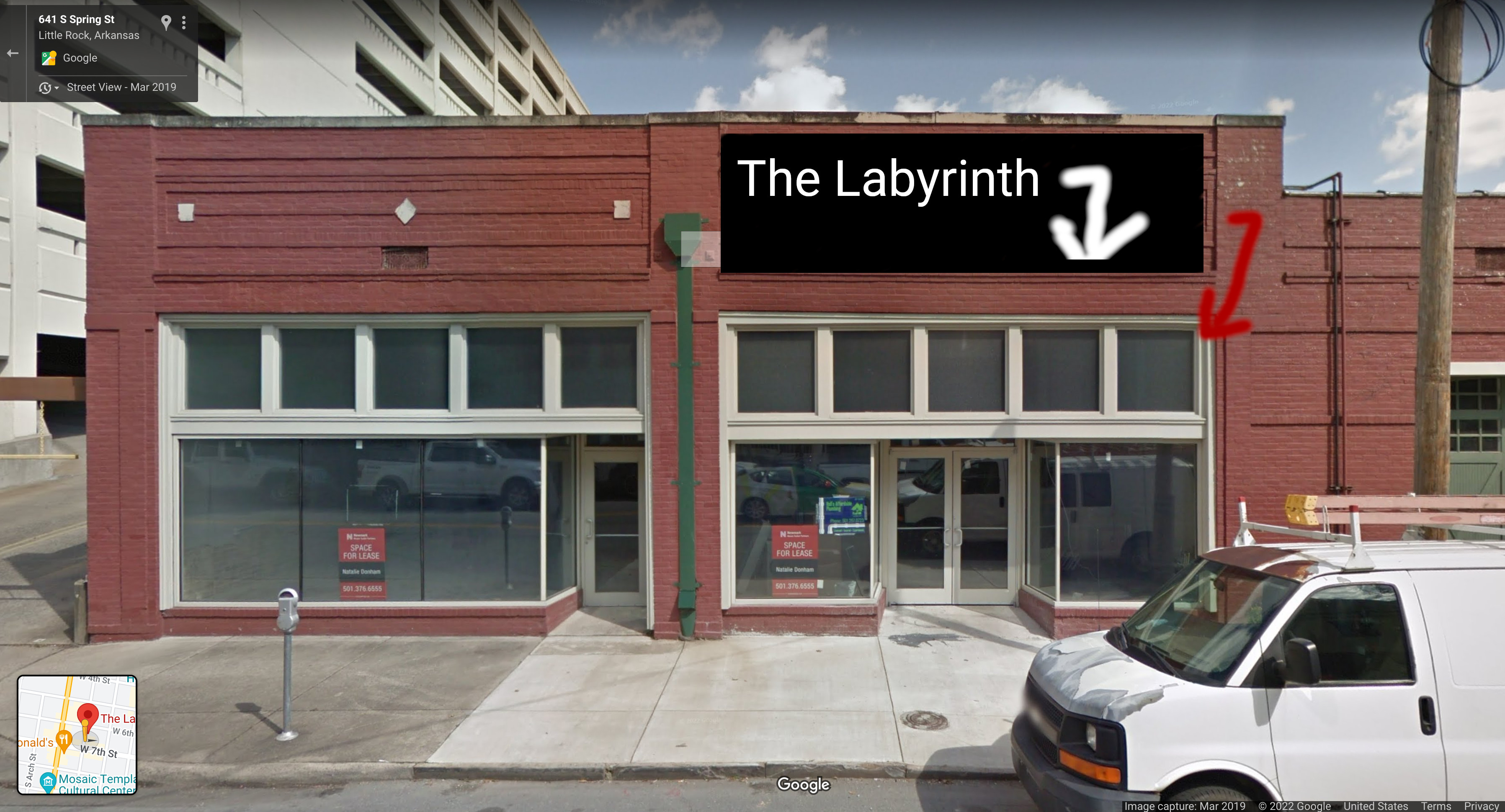 This is a modified Google Street View image showing the location of The Labyrinth. The Labyrinth is on the right hand side of the building. The place next to it in the photo is empty but it&rsquo;s currently the Electric Panther Tattoo Shop.