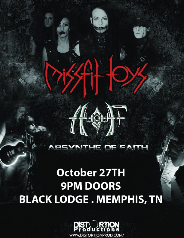 Flyer for Missfit Toys and Absynthe of Faith at Black Lodge, Friday, October 27, 2023. At Black Lodge, 405 North Cleveland Avenu, Memphis, Tennessee.