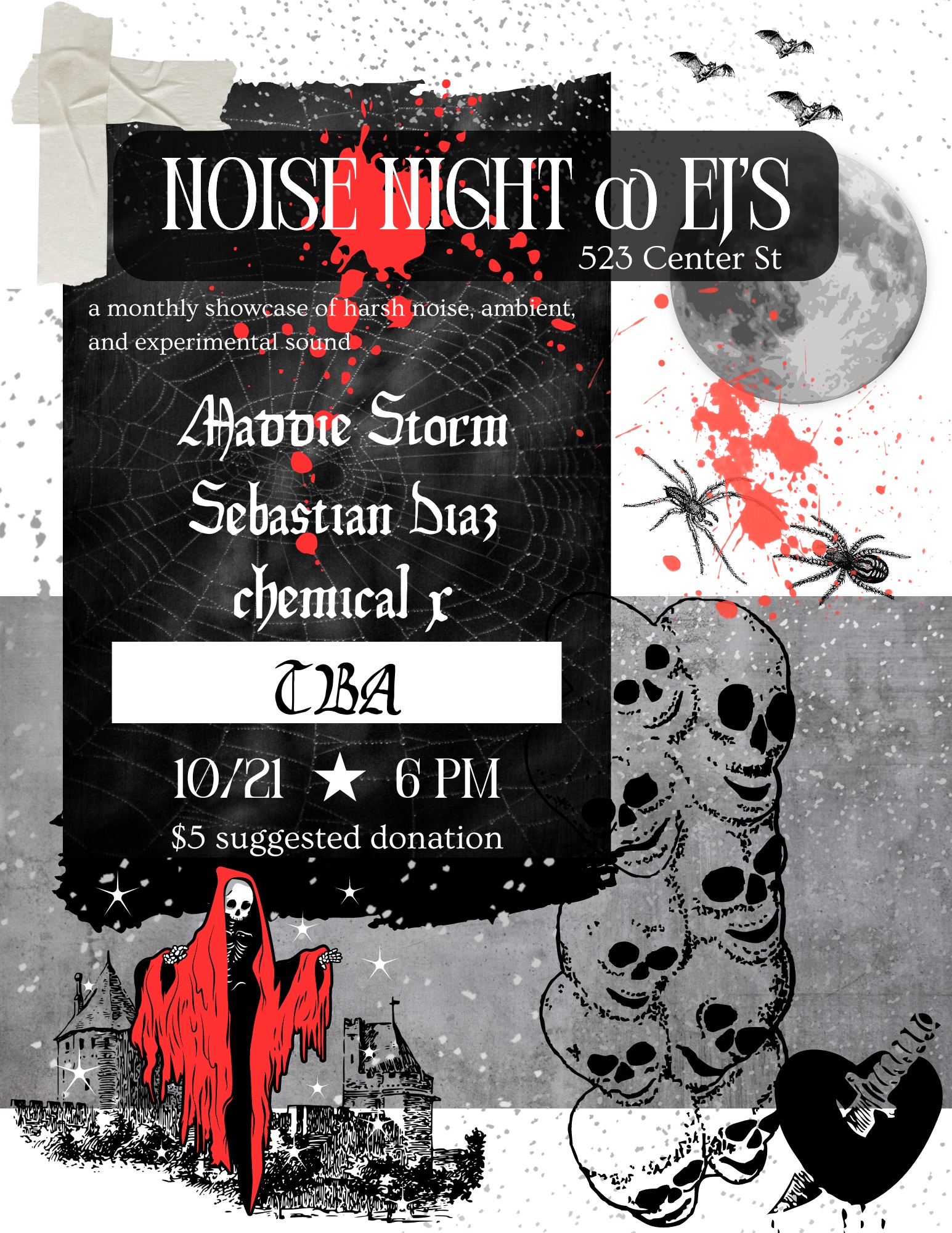 This is a flyer for Noise Night at EJ&rsquo;s: a monthly showcase of harsh noise, ambient, and experimental sound. Monday, October 21, 2024. With: Maddie Storm, Sebastian Diaz, Chemical X, and more artists TBA. Doors open at 6 PM. Suggested donation is $5. At EJ&rsquo;s, 523 Center St., Little Rock, AR.