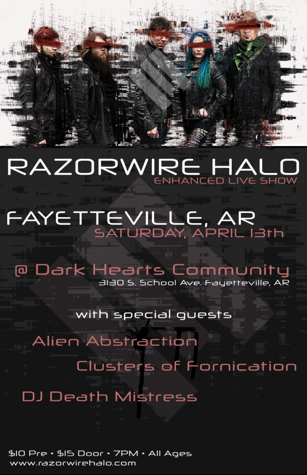 DJ Death Mistress Birthday Bash Show flyer. The text reads, &ldquo;Alien Abstraction, Clusters of Fornication, DJ Death Mistress, and Razorwire Halo. Saturday, April 13, 2024 at Dark Hearts Community, 3130 South School Avenue, Fayetteville, Arkansas. All ages, $10 pre-sale, $15 at door, all ages.&rdquo;