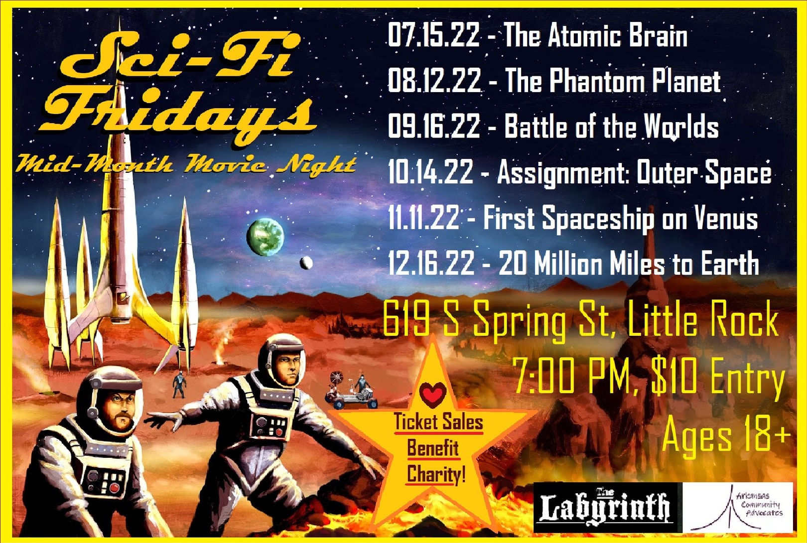 Flyer for Sci-Fi Fridays at The Labyrinth, 619 South Spring Street in downtown Little Rock, Arkansas.