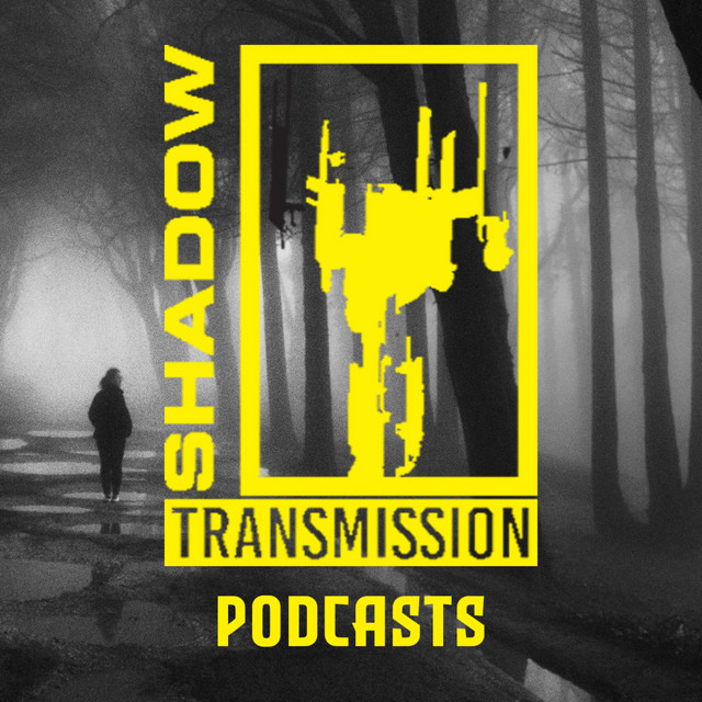 Logo for the Shadow Tranmission Podcast. The image is an outline of a cellphone tower, in yellow. The text says, &ldquo;Shadow Transmission Podcasts.&rdquo;