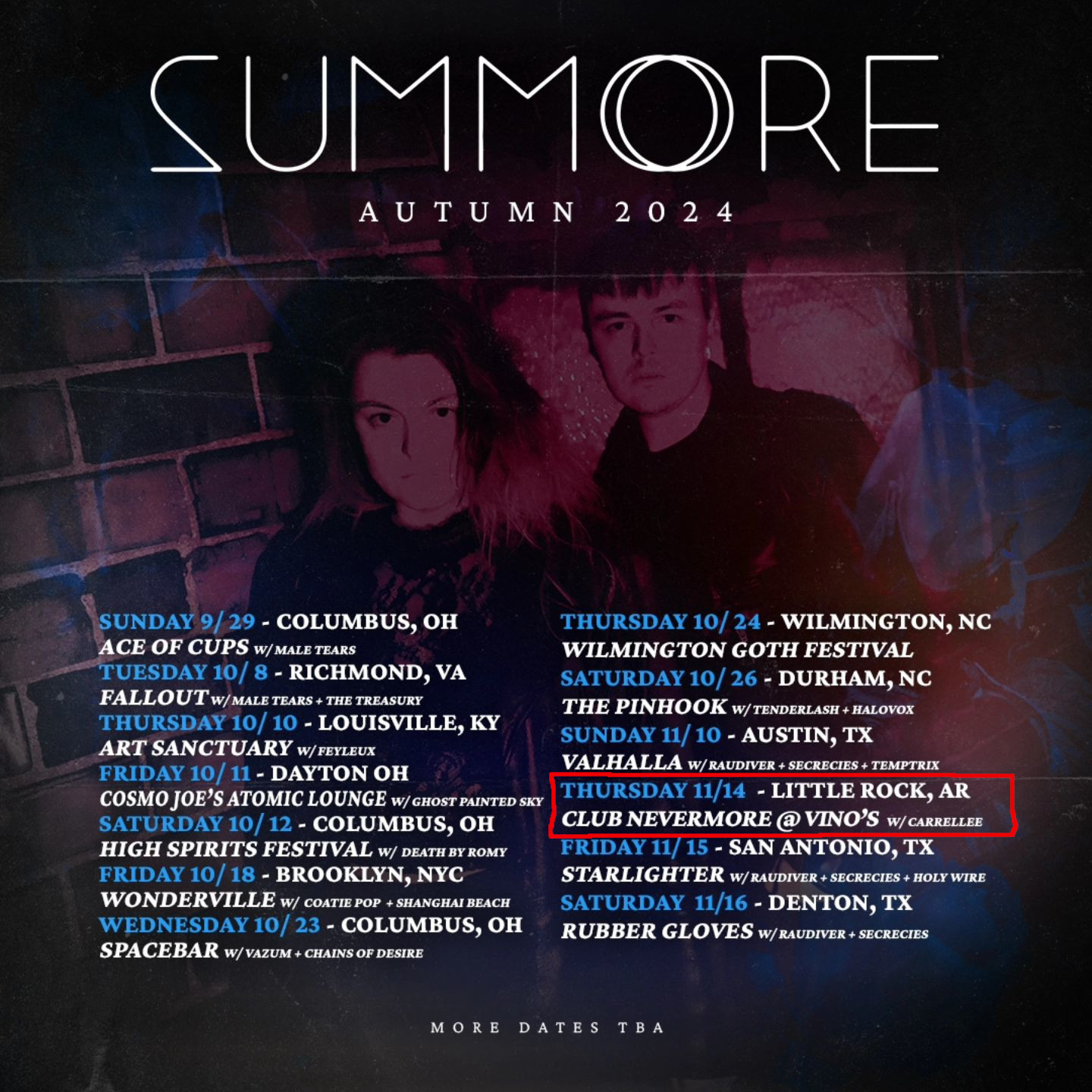 This is a list of Summore&rsquo;s US tour dates for Fall 2024. Thursday, November 14, 2024 is circled in red. Summore is playing with Carrellee at Vino&rsquo;s, 923 W. 7th Street in Little Rock.