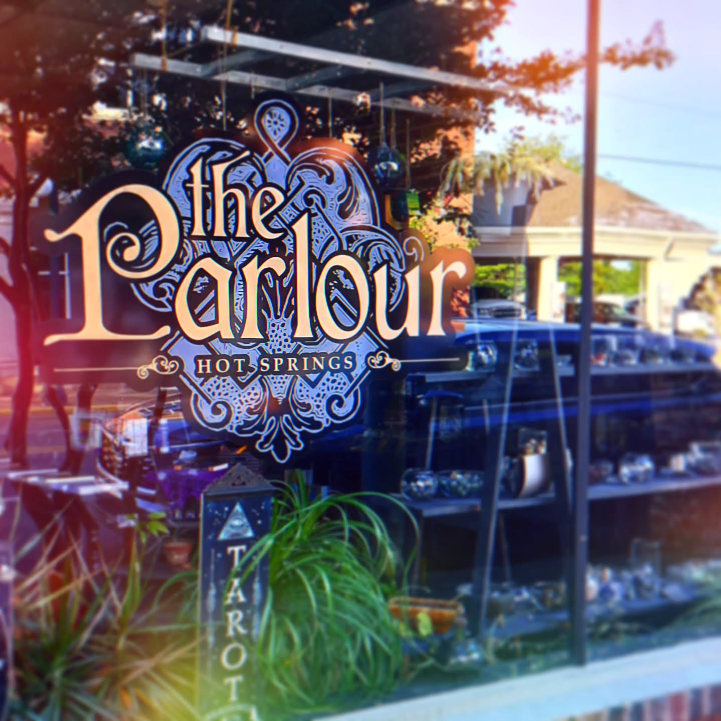 The front window of The Parlour, at 340 Ouachita Avenue in Hot Springs, Arkansas.