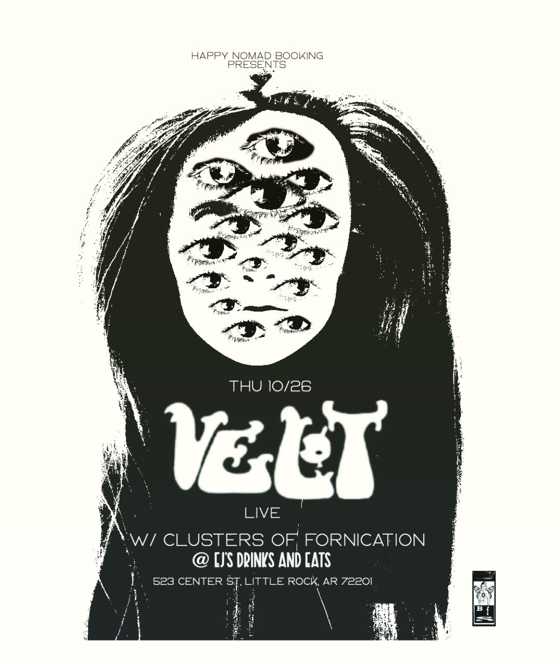 Flyer for Clusters of Fornication and The Veldt. On Thursday, October 26, 2023 at 7 PM at EJ&rsquo;s Eats and Drinks, 523 Center Street in Little Rock, Arkansas.